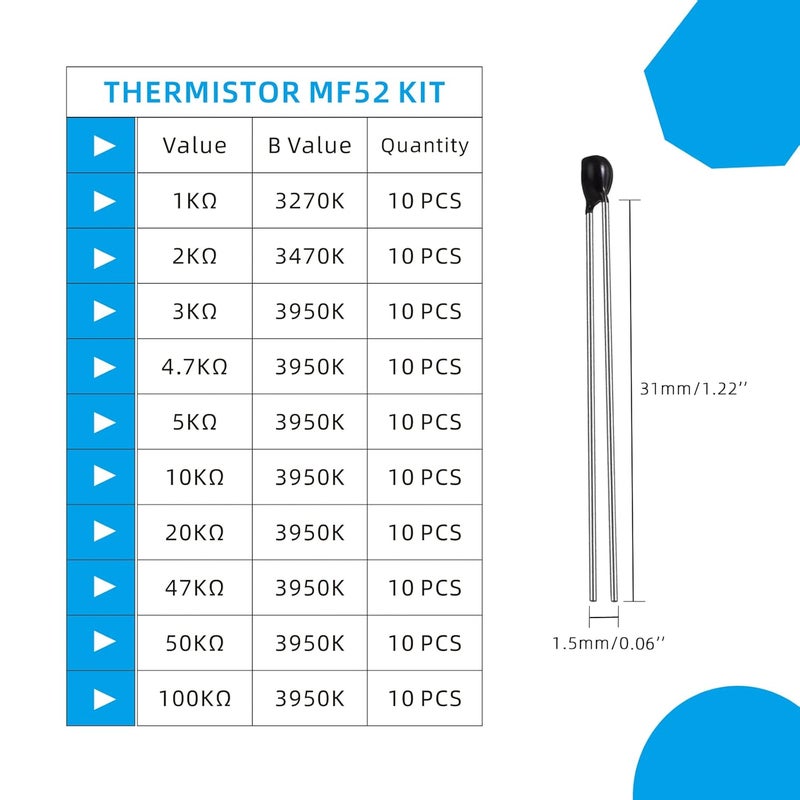 KOKISO NTC Thermistors Resistors MF52 3950K 10 Values 100 PCS Inrush Current Limiter Temperature Sensor Assorted Kit Assortment(1KΩ, 2KΩ, 3KΩ, 4.7KΩ, 5KΩ, 10KΩ, 20KΩ, 47KΩ, 50KΩ,100KΩ) - Image 3